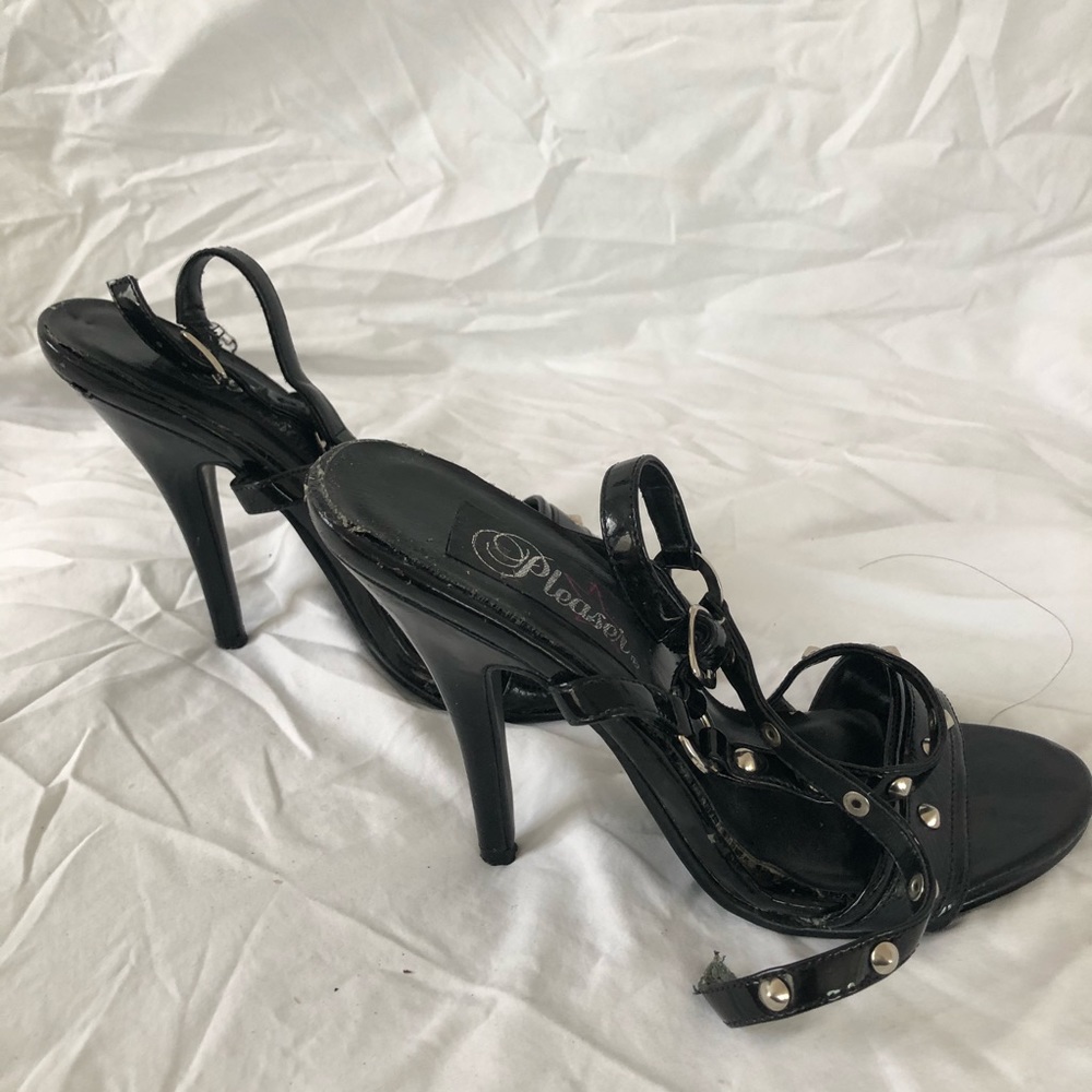 Pleaser Black Strappy Studded Patent Leather Heels - Picture 3 of 8